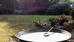 Garden with large pan and wooden spoon.