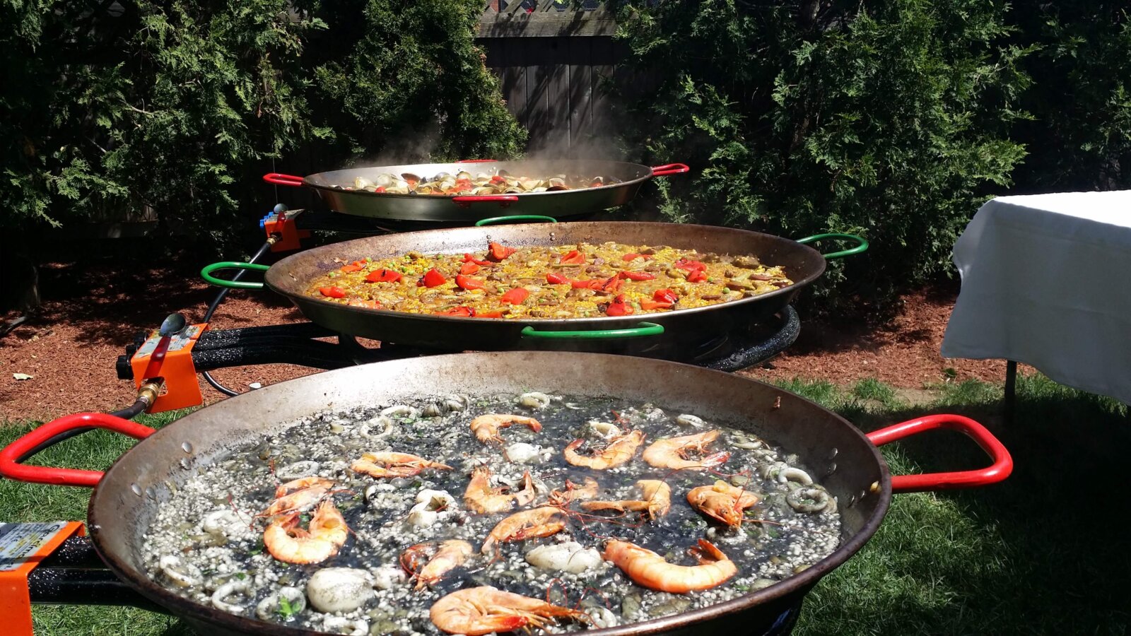 Three pans with different types of Paella