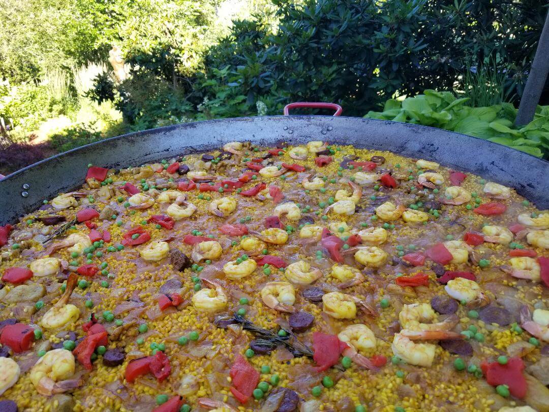 shrimp Paella in a big pan and plants